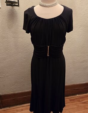 Julian Taylor Black Stretch Midi Dress Cinched Waist Flowy Classic Elegant